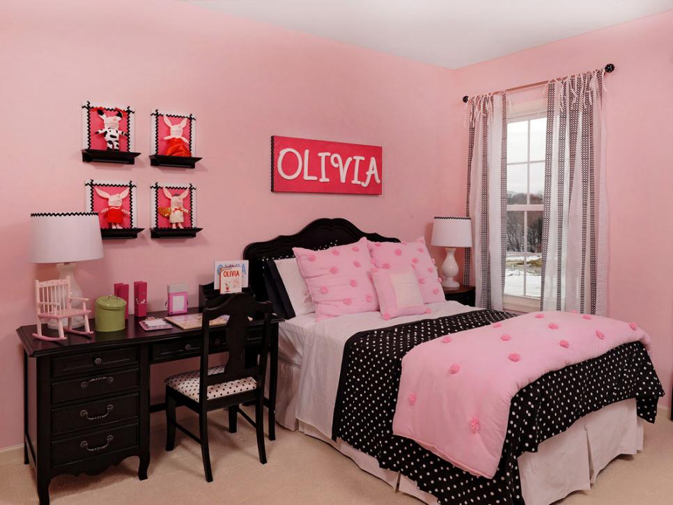 Pink and Black Girls' Bedroom Pink Girls' Bedroom With Black Desk and Polka Dot Bedding