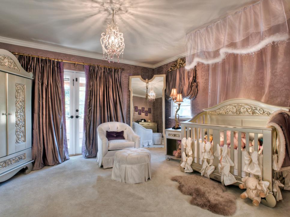 Mauve Nursery With Canopy & Damask Wallpaper