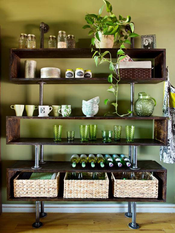 Eclectic Green Kitchen With Pine and Pipe Shelves Eclectic Green Kitchen With Pine and Pipe Shelves