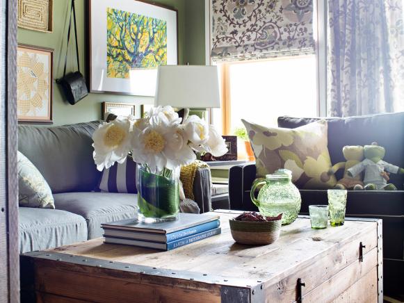 Shabby Chic Living Room with Wood Trunk Coffee Table