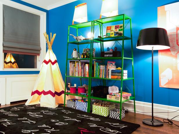 Contemporary Blue Kids' Bedroom with Green Shelves and Teepee