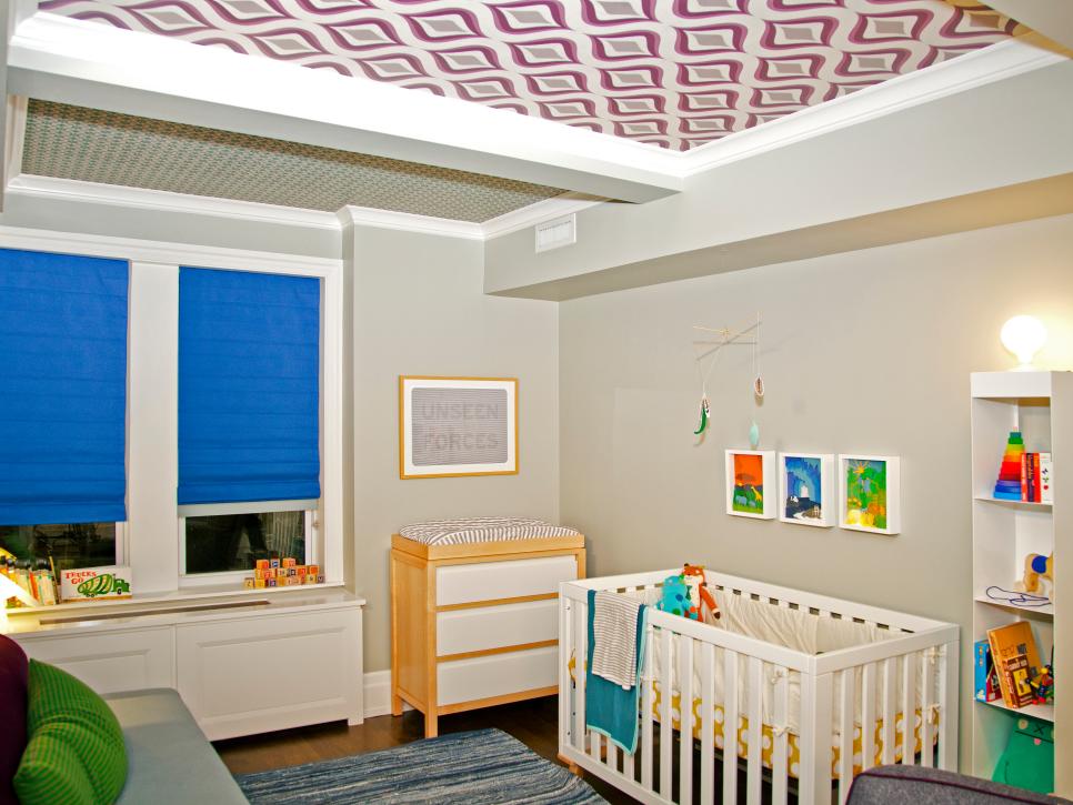 Contemporary Nursery with Accents, Roman Shades, and Bold Ceiling