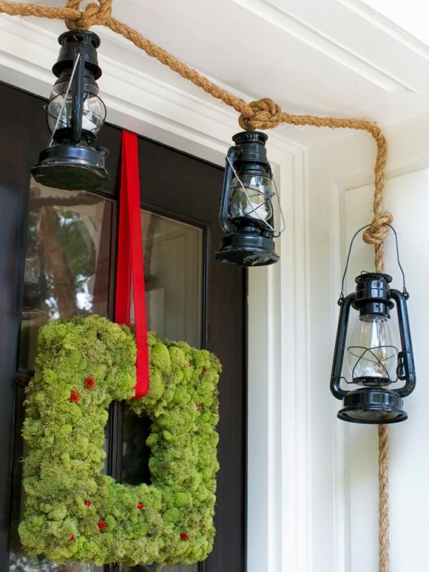 Front Door With Square Wreath and Lantern Garland Front Door With Square Wreath and Lantern Garland