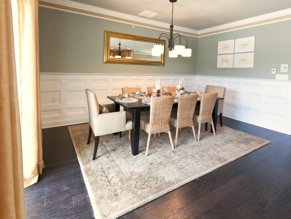 Green and Tan Dining Room With White Wainscoting