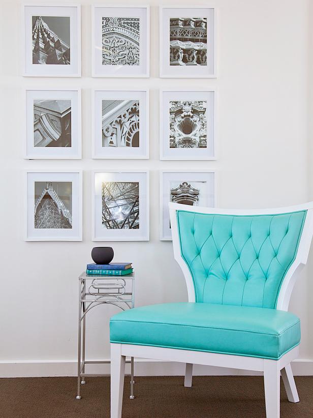 Master Bedroom Sitting Area With a Gallery Wall and Turquoise Chair Master Bedroom Sitting Area With a Gallery Wall and Turquoise Chair