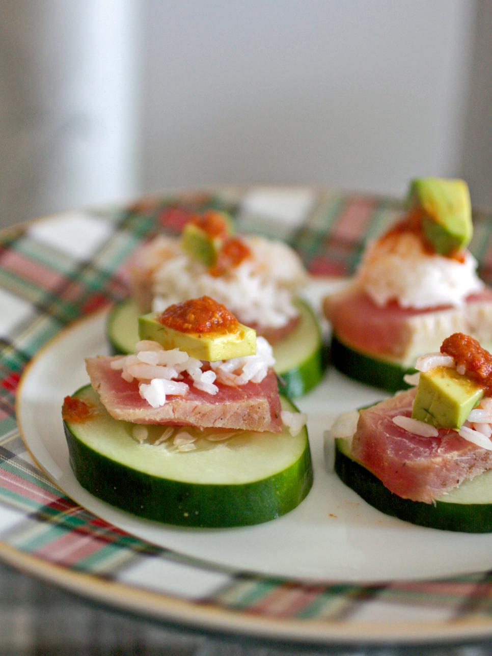 Seared Ahi Tuna Appetizer Appetizer With Tuna, Cucumber, Rice, Avocado & Garlic Chili Paste