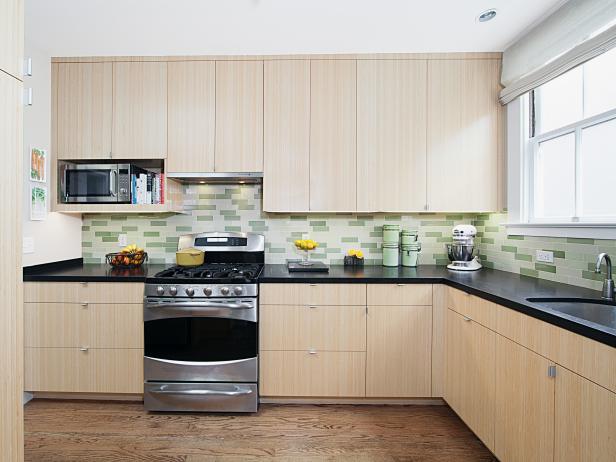 Light Contemporary Kitchen With Green Tile Backsplash 