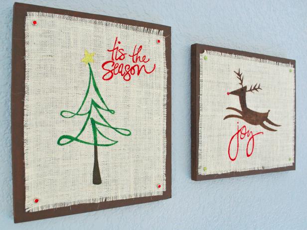 Stenciled Burlap Wall Art With Christmas Designs Stenciled Burlap Wall Art With Christmas Designs
