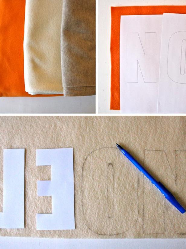 Create and print your letters on paper first; use a Word doc, Silhouette cutter, Cricut or draw them by hand. The font on this pillow is Impact at 500-point size. To save on toner, outline the letters by highlighting the letters, go to Format, Font, and click “outline.” Cut out the letters and trace them to felt. Tip: Tracing the letters backward reduces the chance of stray pen marks showing on the right side of the fabric.