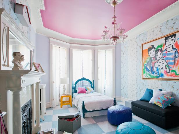 Pink Ceiling and and Blue Walls in Girl's Bedroom
