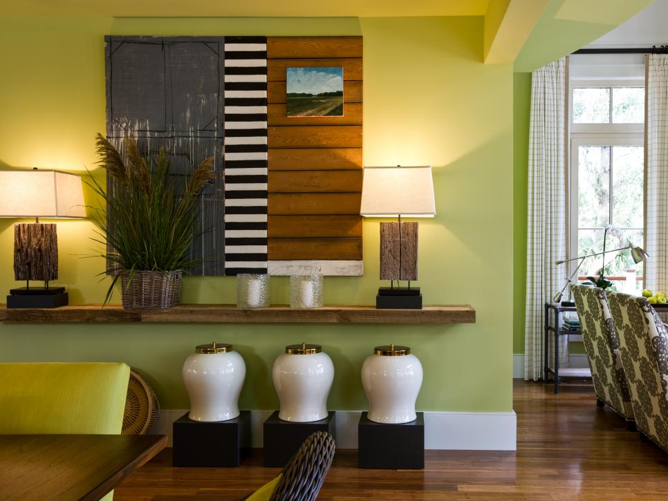 Green Great Room with Reclaimed Wood Shelf