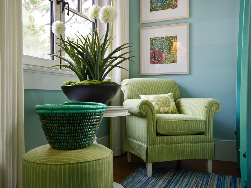 Striped Lime Green Club Chair and Ottoman in Blue Bedroom