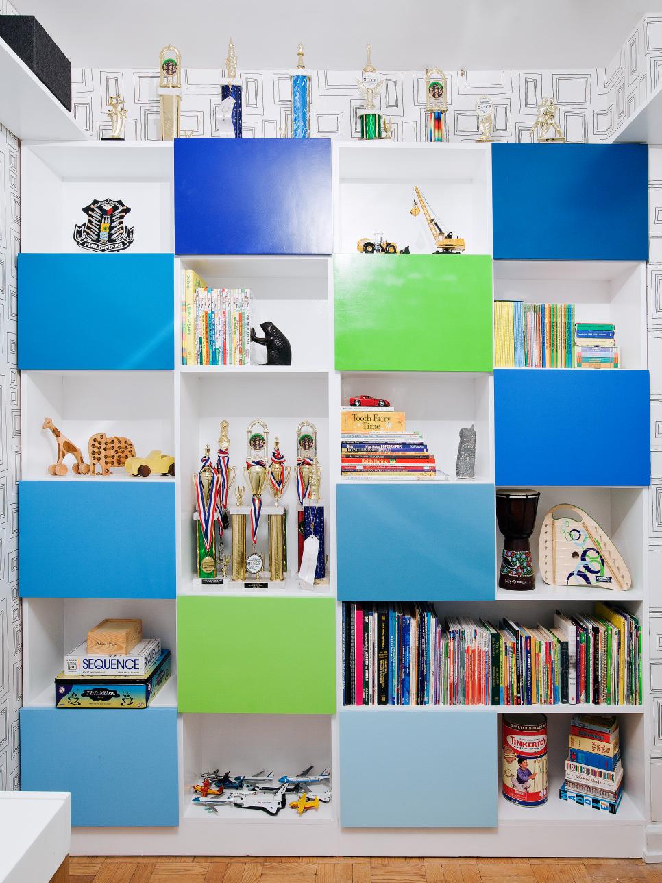 Bookshelf with Blue and Green Panels