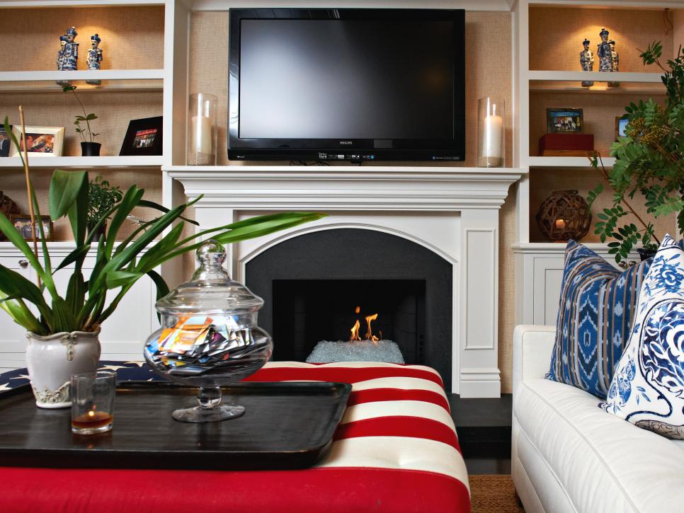 Transitional Family Room Fireplace Mantel, TV and Built-in Bookcases