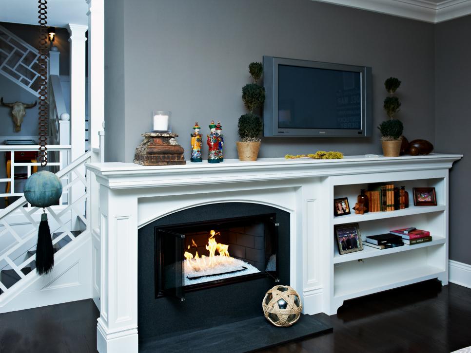 Gray Living Room with White Mantel and Built-In Bookshelf