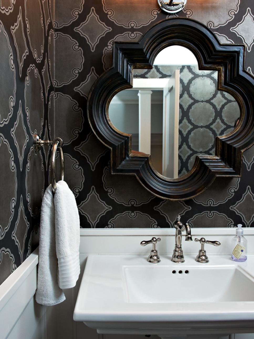 Small Black and White Bathroom With Black Wallpaper & Geometric Mirror