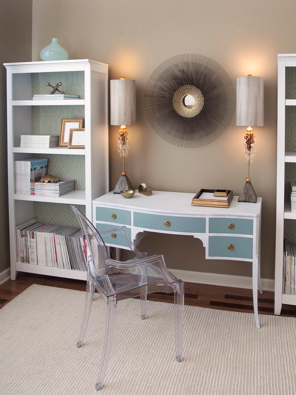 Neutral Transitional Home Office With Vintage Desk