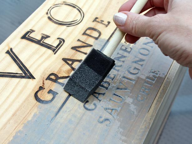 Applying Stain to Wood Wine Crate With Foam Brush