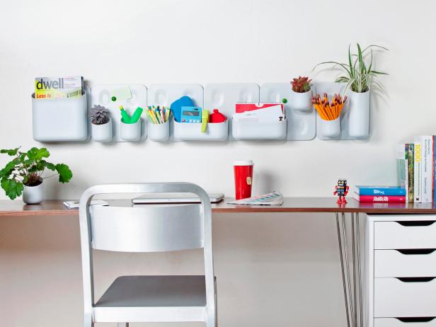 White Contemporary Home Office With Wall Mounted Storage and Planter White Contemporary Home Office With Wall Mounted Storage and Planter