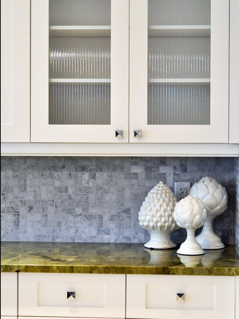Contemporary Kitchen Cabinets With Gray Tile Backsplash
