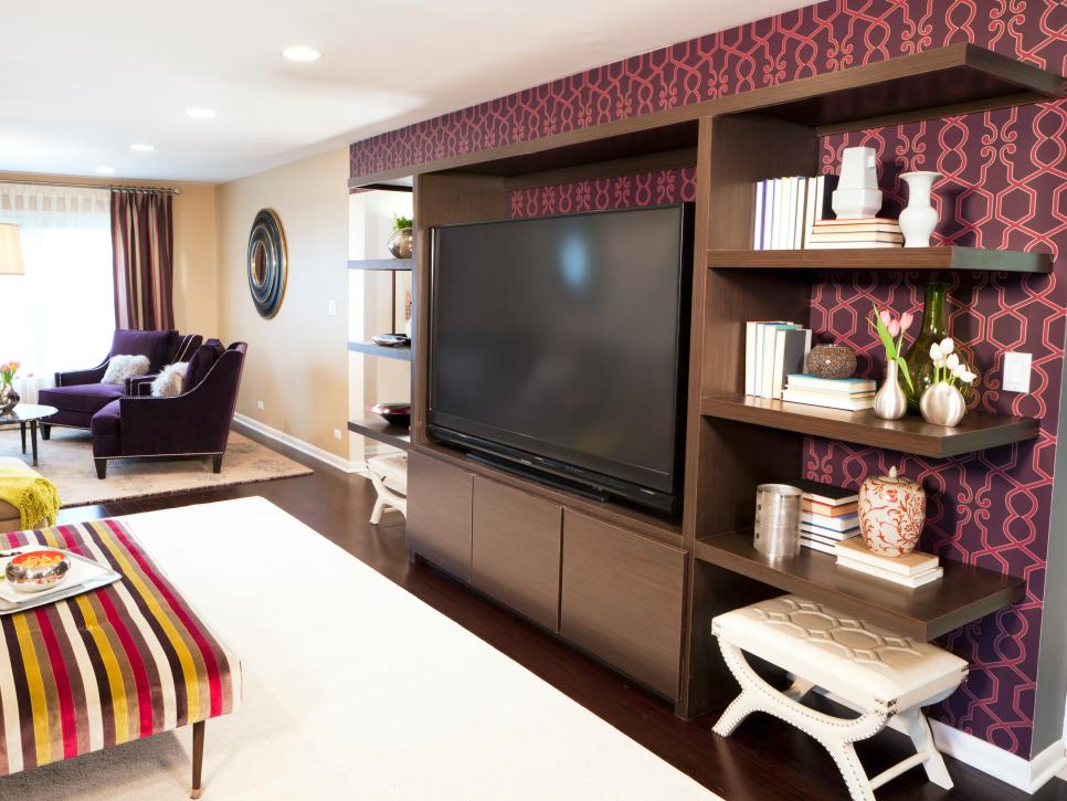 Contemporary Living Room With Purple Wall & Entertainment Center