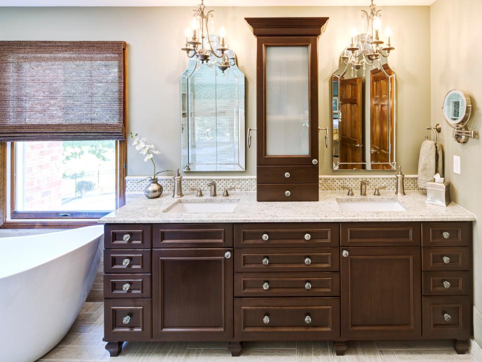 Traditional Bathroom With Elegant Dark-Stained Double Vanity 