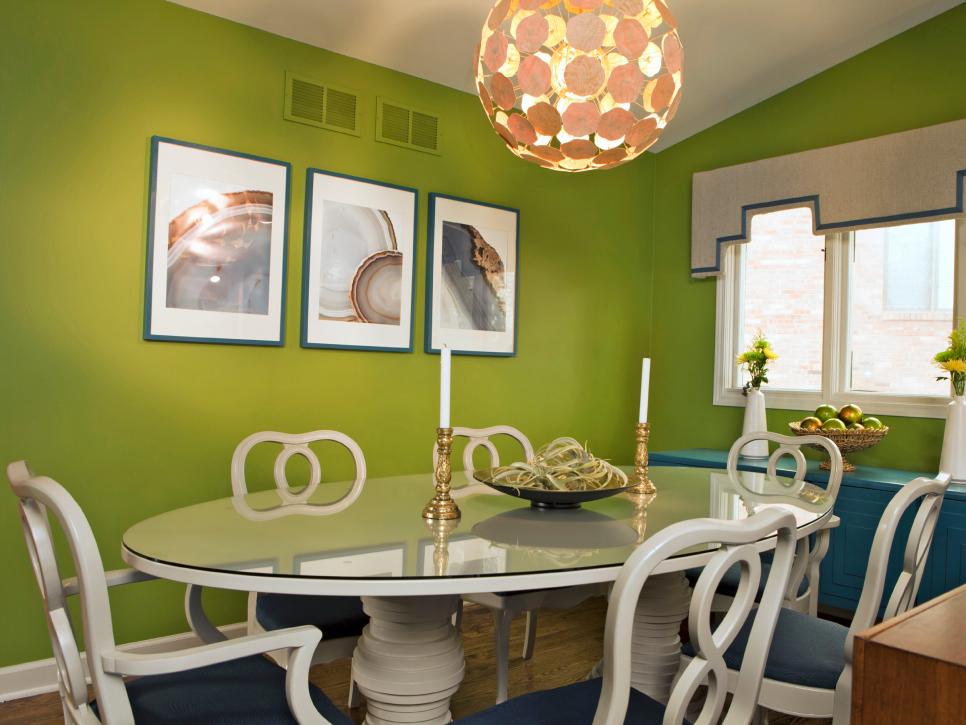 Dining Room with Green Walls, White Table and Chairs, Blue Side Table