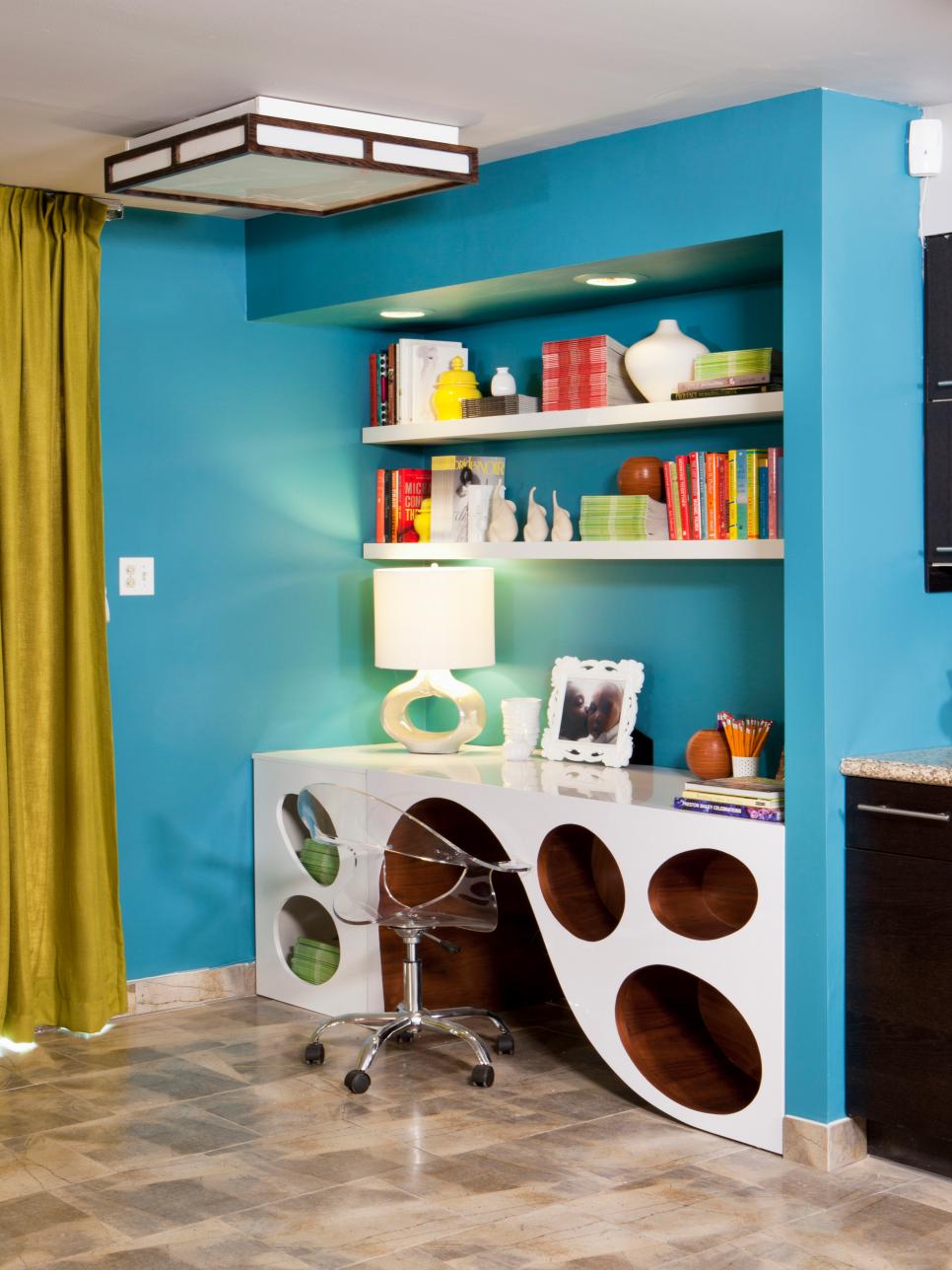 Blue Home Office With Contemporary Desk Blue Home Office With White Desk, Acrylic Desk Chair & Shelves