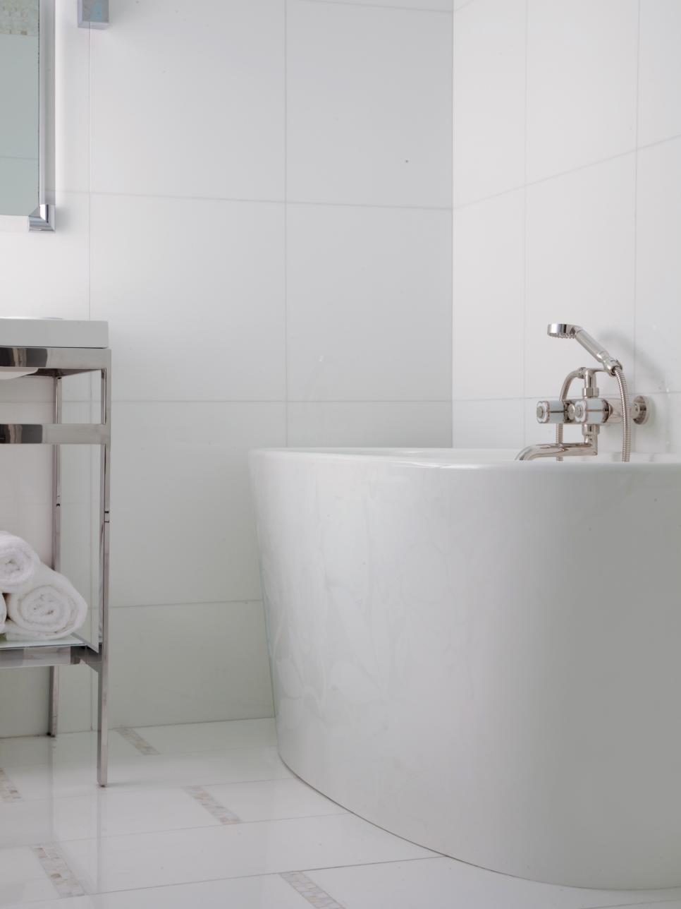 Contemporary White Bathroom With White Freestanding Tub 