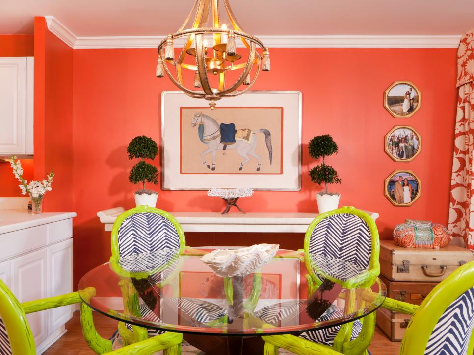 Coral Dining Room With Lime-Green Chairs, Gold Chandelier