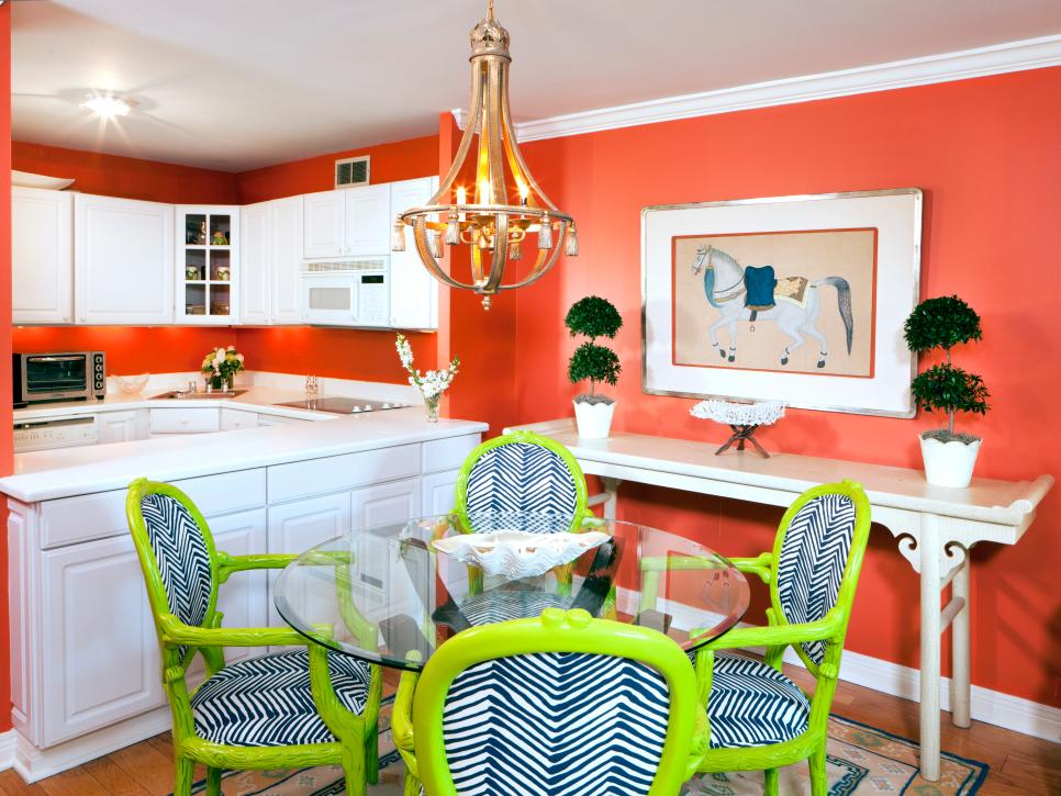 Orange Eclectic Dining Area and Kitchen