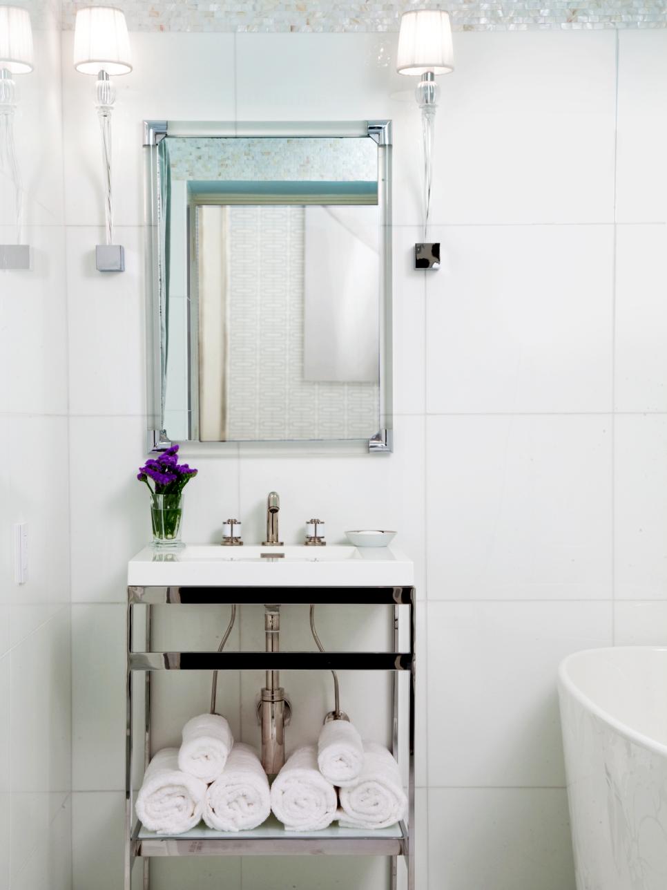 Contemporary Single Vanity Bathroom White Bathroom With Small Vanity and Rectagular Mirror
