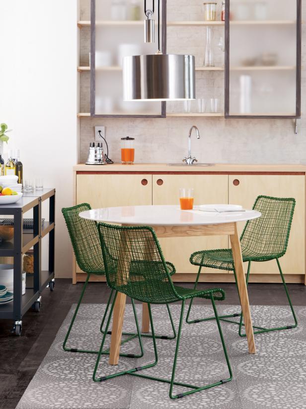 Midcentury Modern Dining Nook With Green Wire Chairs Midcentury Modern Dining Nook With Green Wire Chairs