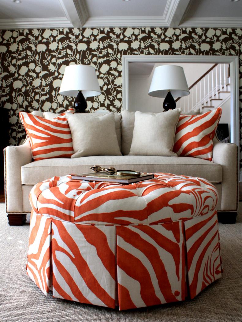 Contemporary Living Room With Zebra Ottoman 