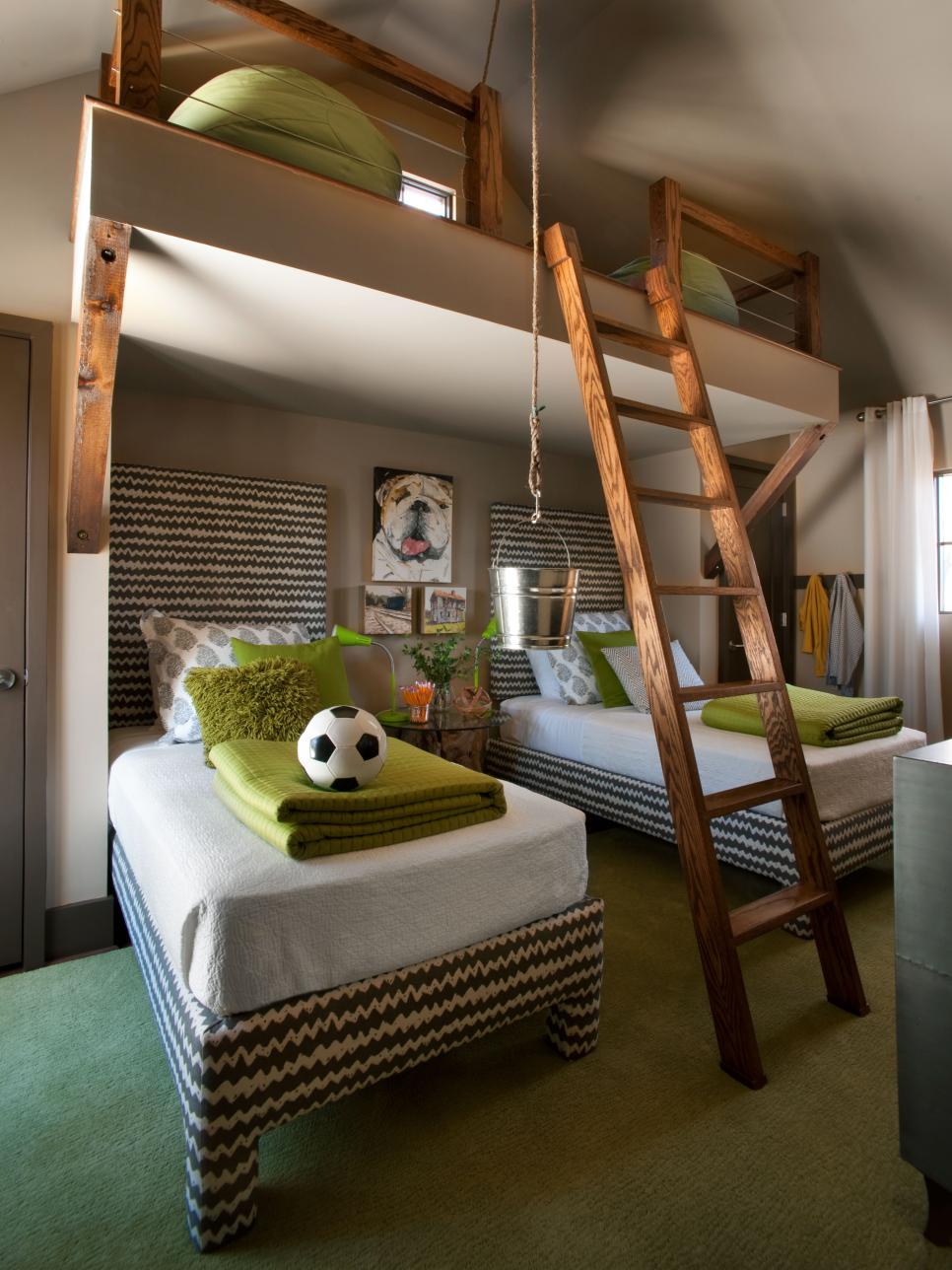 Rustic Kid's Bedroom With Twin Beds and Wood Ladder Leading to Loft