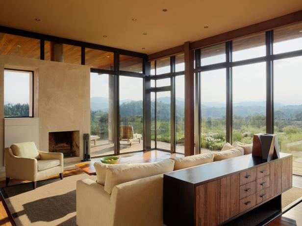 Neutral Living Room With Floor-to-Ceiling Windows and Mountain View Neutral Living Room With Floor-to-Ceiling Windows and Mountain View