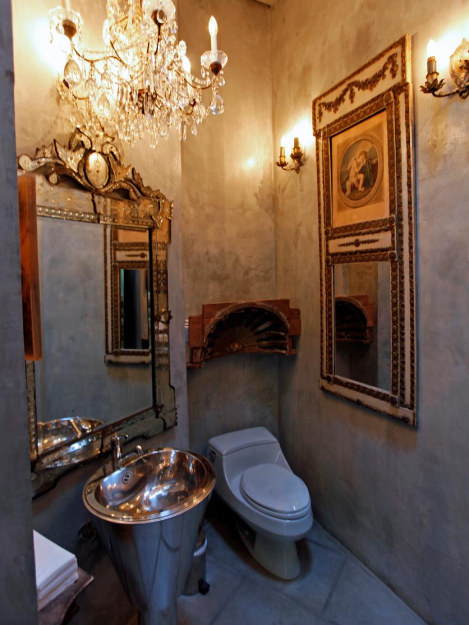 Vintage Bathroom With Chandelier and Pedestal Sink