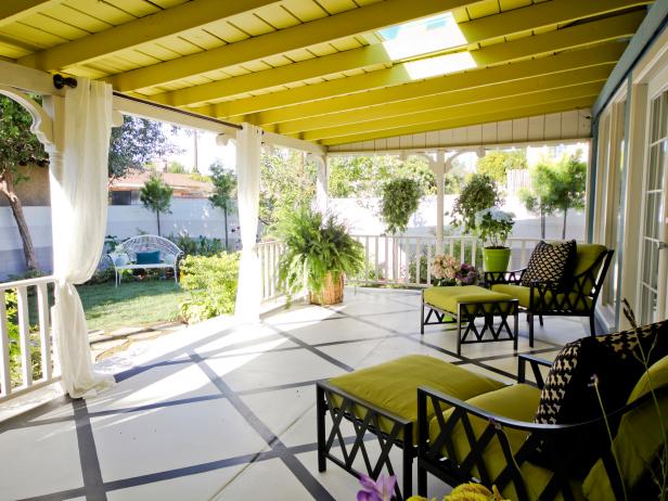 Vibrant Green Porch Transitional Porch With Lime Green Seating and Painted Ceiling