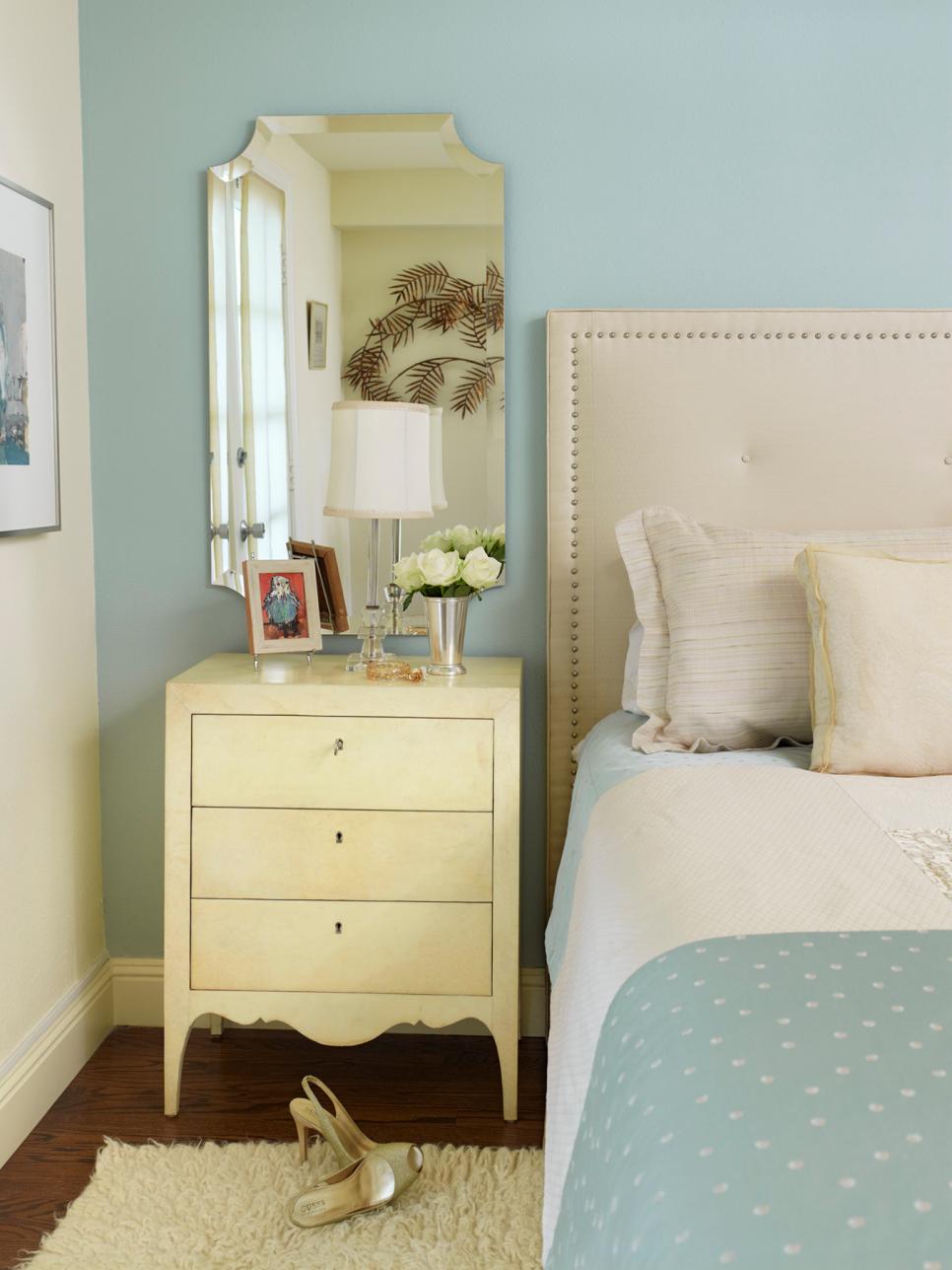 Traditional Master Bedroom With Neutral Headboard and Nightstand