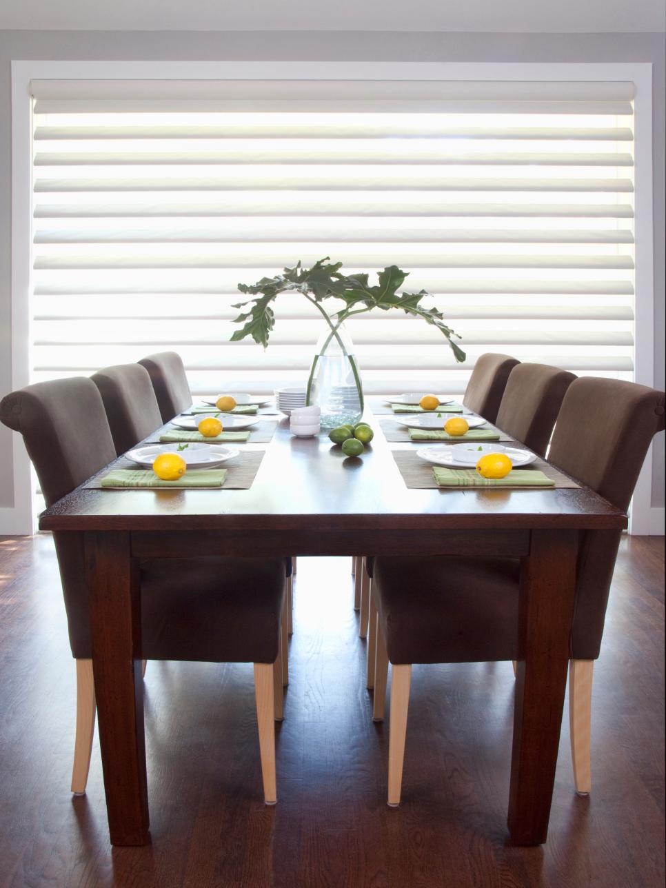 Modern Dining Area with Louvered Sheer Window Treatments