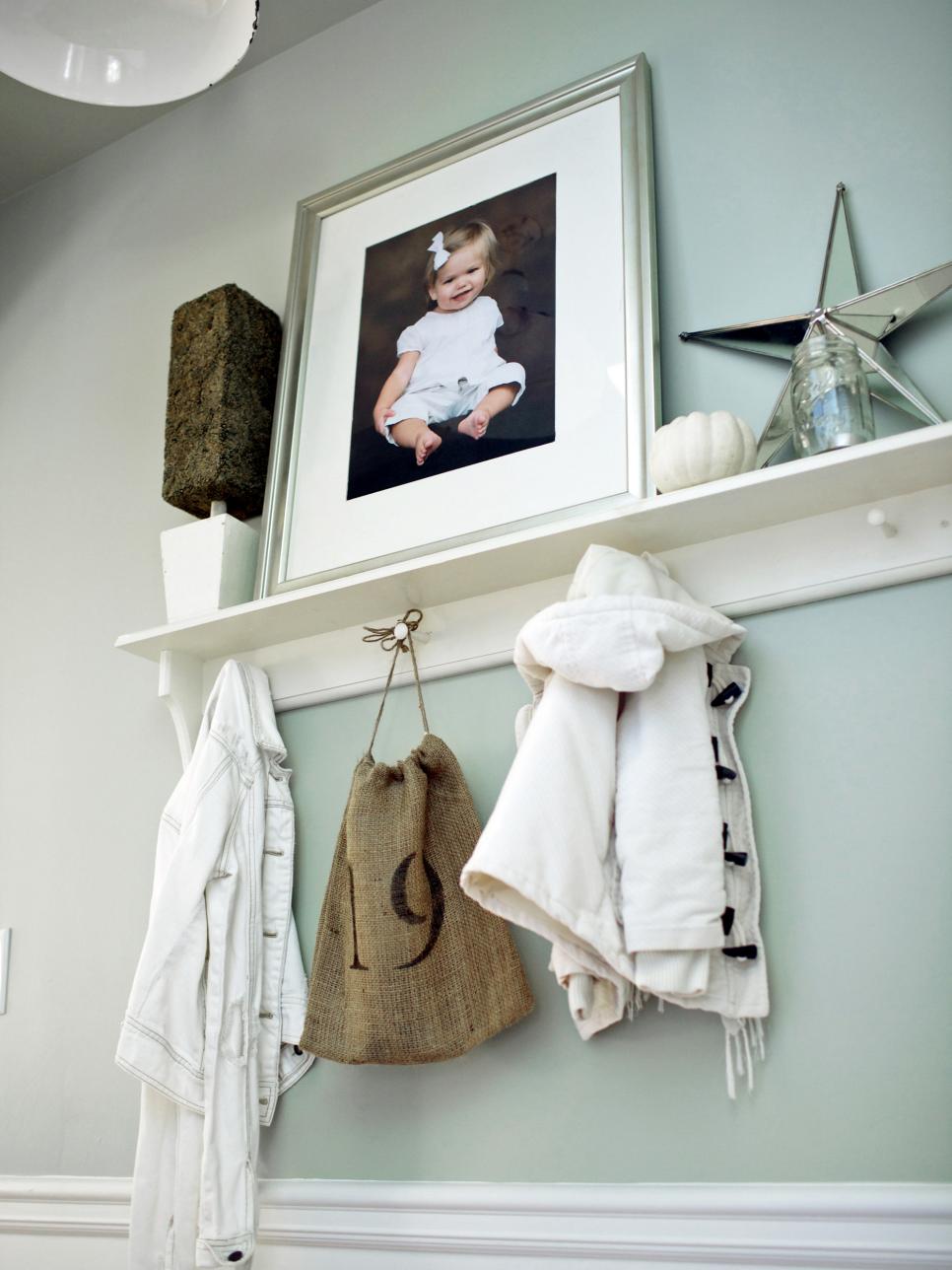 White Wall Hook Shelf in Cottage Entryway 