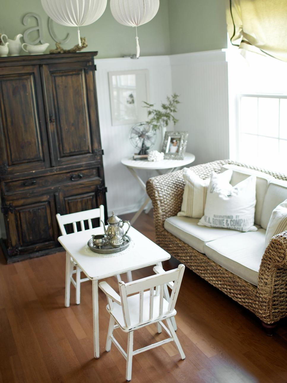 Green Cottage-Style Playroom With White Beadboard Walls