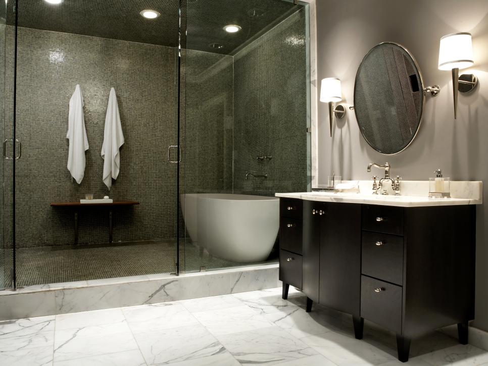 Glass Doors Encompass Tiled Bathing Area in Modern Bathroom