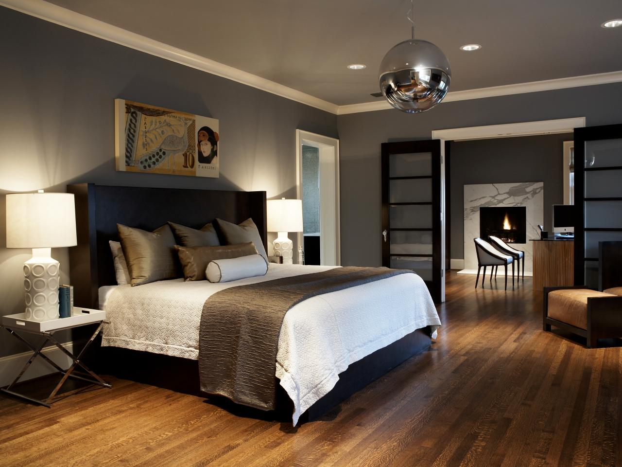 Gray Master Bedroom With Mirrored Ball Light | HGTV