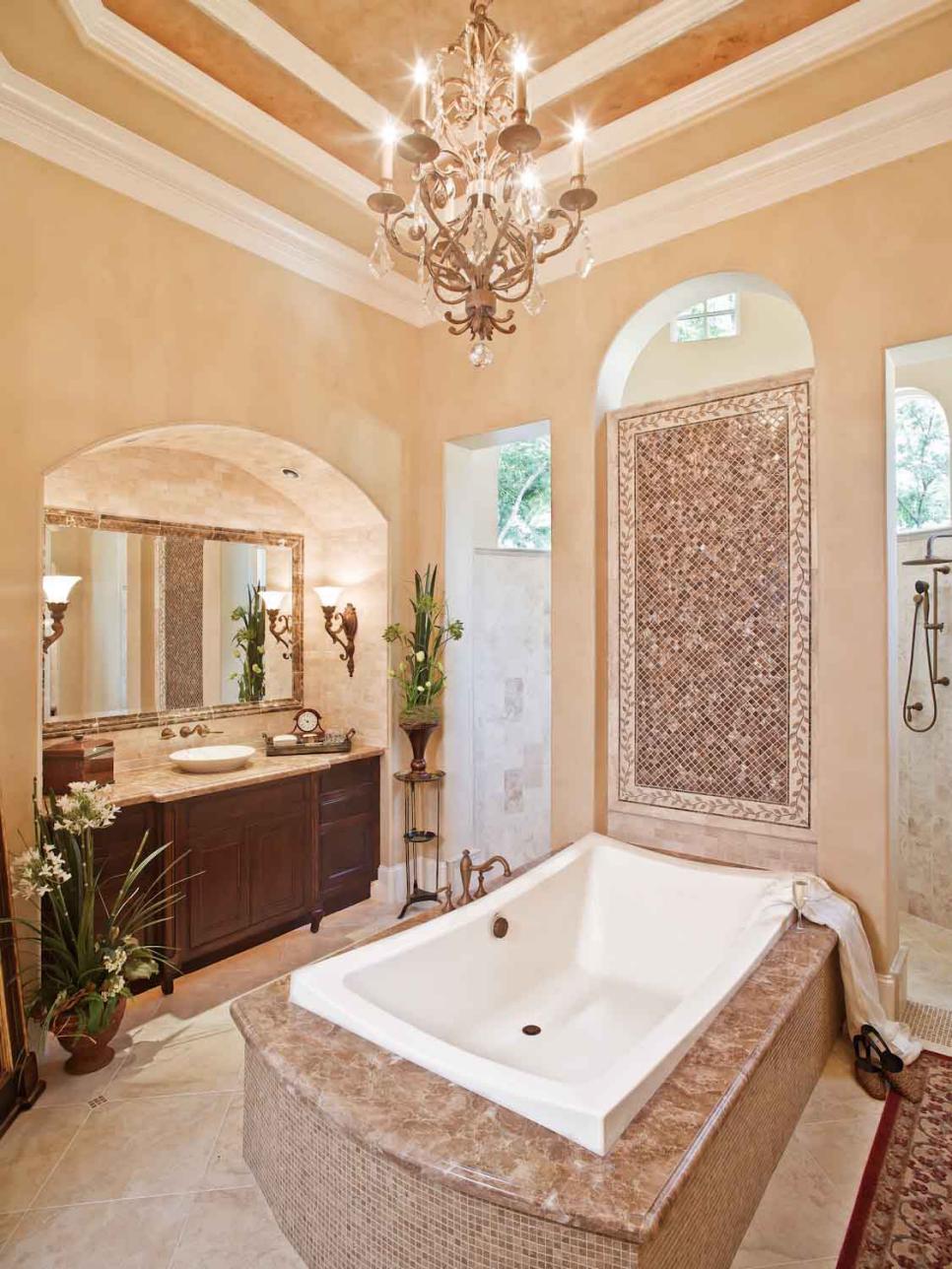 Traditional Neutral Bathroom With Wood Vanity Alcove and Large Bathtub