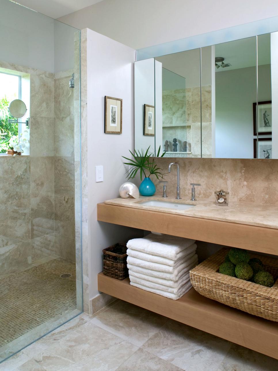 Tropical Beige Bathroom With Walk-In Shower and Brown Tile Counter