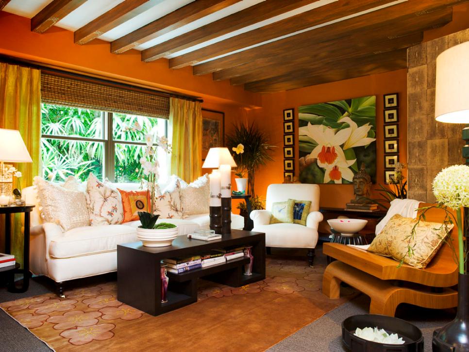 Tropical Orange Living Room With Beamed Ceiling 