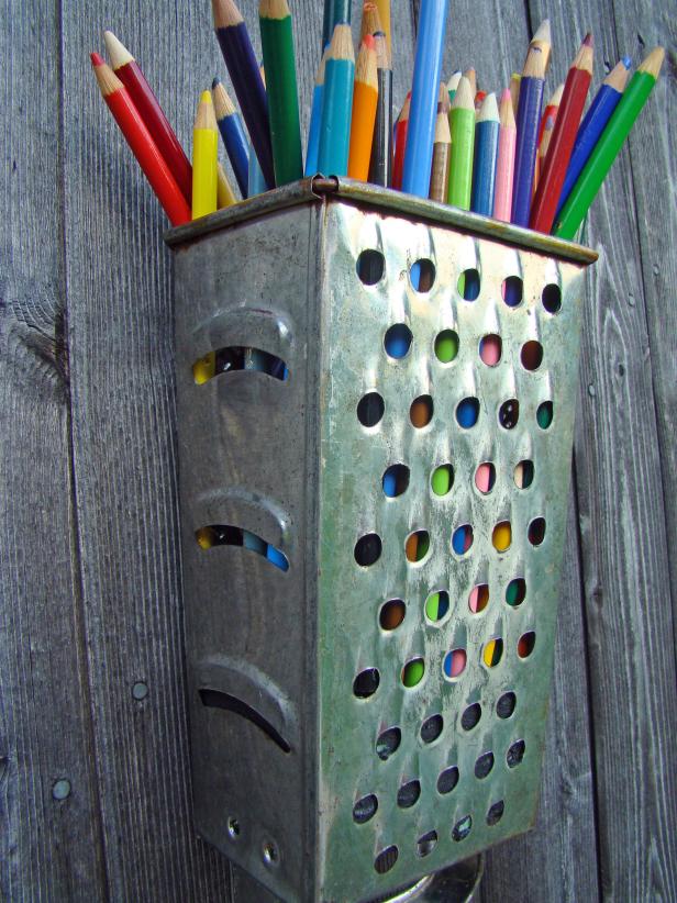 Repurposed Cheese Grater as Pencil Storage Repurposed Cheese Grater as Pencil Storage