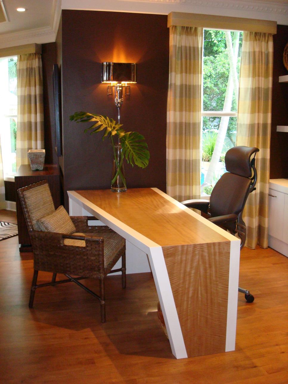 Brown Home Office With Custom Light Wood Desk