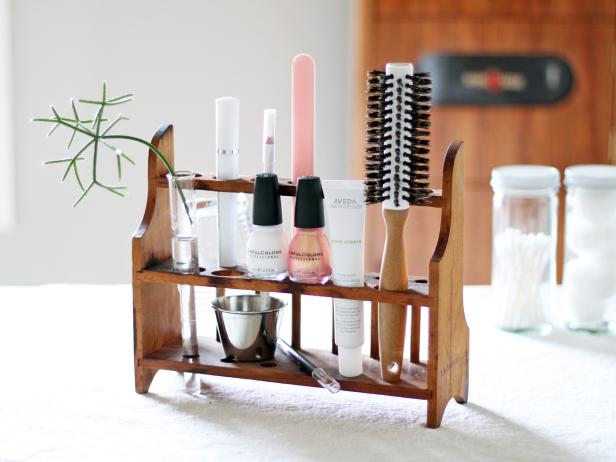 Vintage Wood Rack Holds and Organizes Grooming Accessories Vintage Wood Rack Holds and Organizes Grooming Accessories
